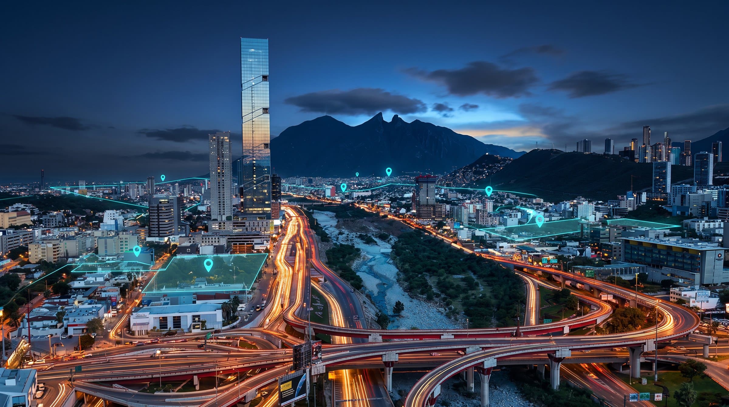 Vista de Monterrey al anochecer hacia el Cerro de la Silla, con zonas de mercado resaltadas